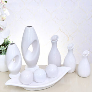 Kit Conjunto 9 Peças Vasos Cerâmica Enfeite Sala Cozinha Completo Decorativas Trio Rack Centro Mesa - BRANCO LISO 9PÇS