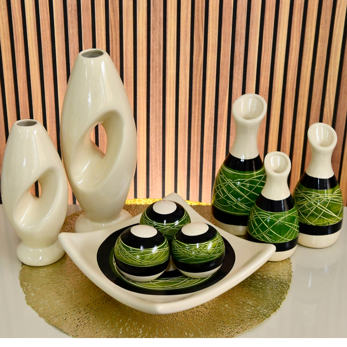 Kit Conjunto 9 Peças Vasos Cerâmica Enfeite Sala Cozinha Completo Decorativas Trio Rack Centro Mesa