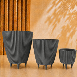 Kit Combo 3 Vasos Canelados com Pés Coluna + Bojo + Cachepot Decorativo para Plantas Jardim Sala - Cinza Chumbo