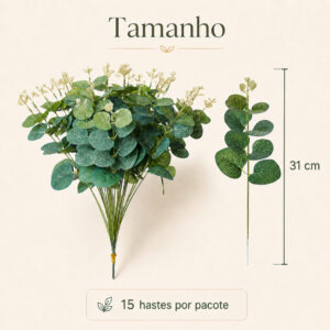 Kit 15 Galhos de Eucalipto Artificial, Folhagem Verde Decorativa para Vaso, Arranjo Floral, Casa, Festa e Casamento