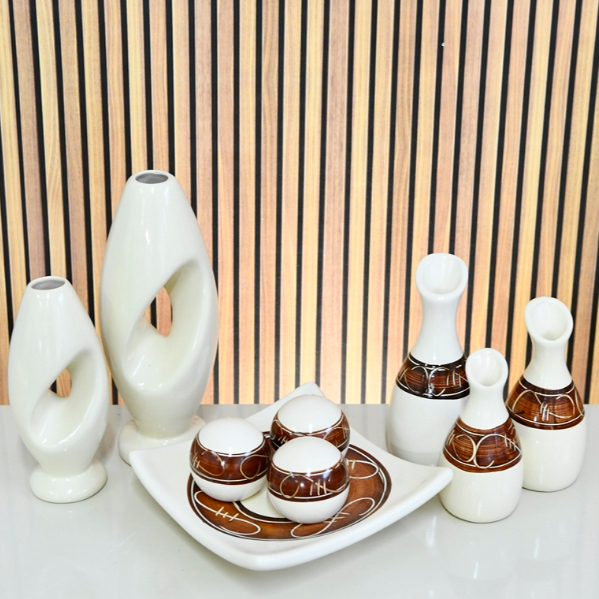 Kit Conjunto 9 Peças Vasos Cerâmica Enfeite Sala Cozinha Completo Decorativas Trio Rack Centro Mesa