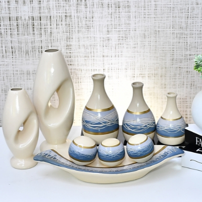 Kit Conjunto 9 Peças Vasos Cerâmica Enfeite Sala Cozinha Completo Decorativas Trio Rack Centro Mesa