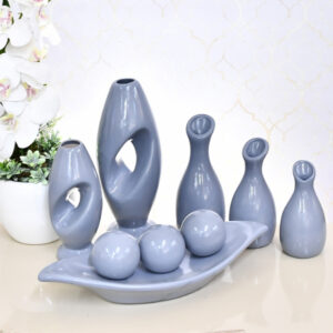 Kit Conjunto 9 Peças Vasos Cerâmica Enfeite Sala Cozinha Completo Decorativas Trio Rack Centro Mesa - CINZA LISO 9PÇS