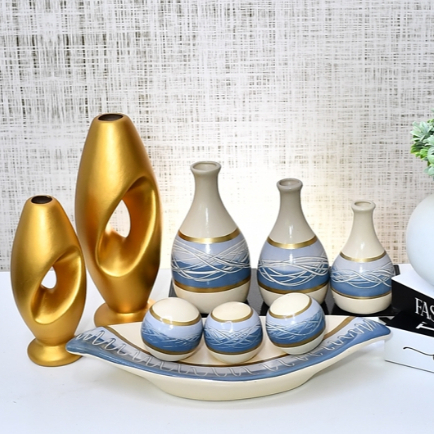 Kit Conjunto 9 Peças Vasos Cerâmica Enfeite Sala Cozinha Completo Decorativas Trio Rack Centro Mesa