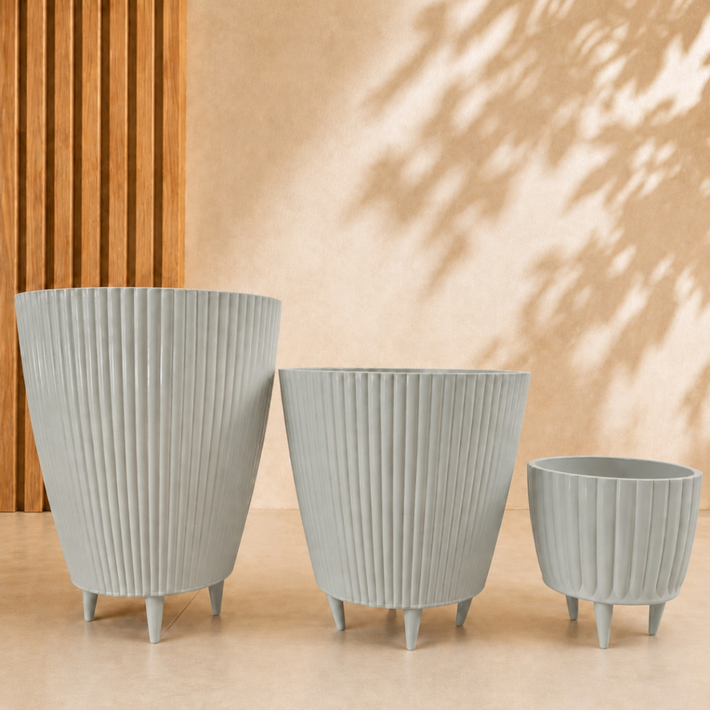 Kit Combo 3 Vasos Canelados com Pés Coluna + Bojo + Cachepot Decorativo para Plantas Jardim Sala