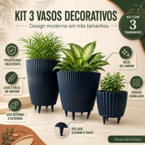 Kit Combo 3 Vasos Canelados com Pés Coluna + Bojo + Cachepot Decorativo para Plantas Jardim Sala