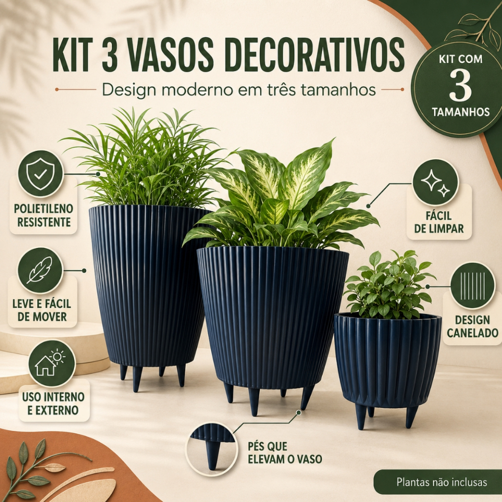Kit Combo 3 Vasos Canelados com Pés Coluna + Bojo + Cachepot Decorativo para Plantas Jardim Sala
