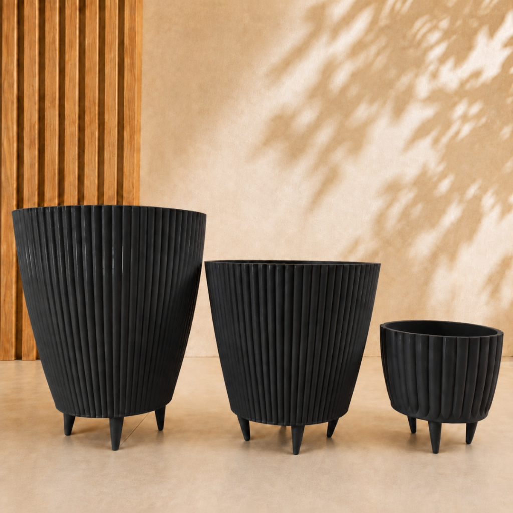 Kit Combo 3 Vasos Canelados com Pés Coluna + Bojo + Cachepot Decorativo para Plantas Jardim Sala