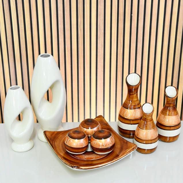 Kit Conjunto 9 Peças Vasos Cerâmica Enfeite Sala Cozinha Completo Decorativas Trio Rack Centro Mesa