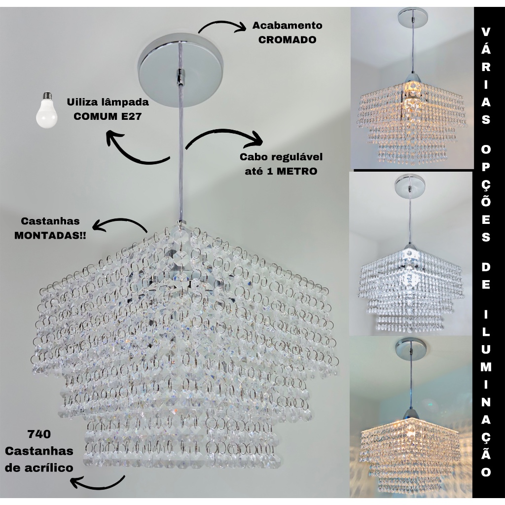 Lustre Pendente Cristal Acrílico 03 Placas Quadrado Promoção